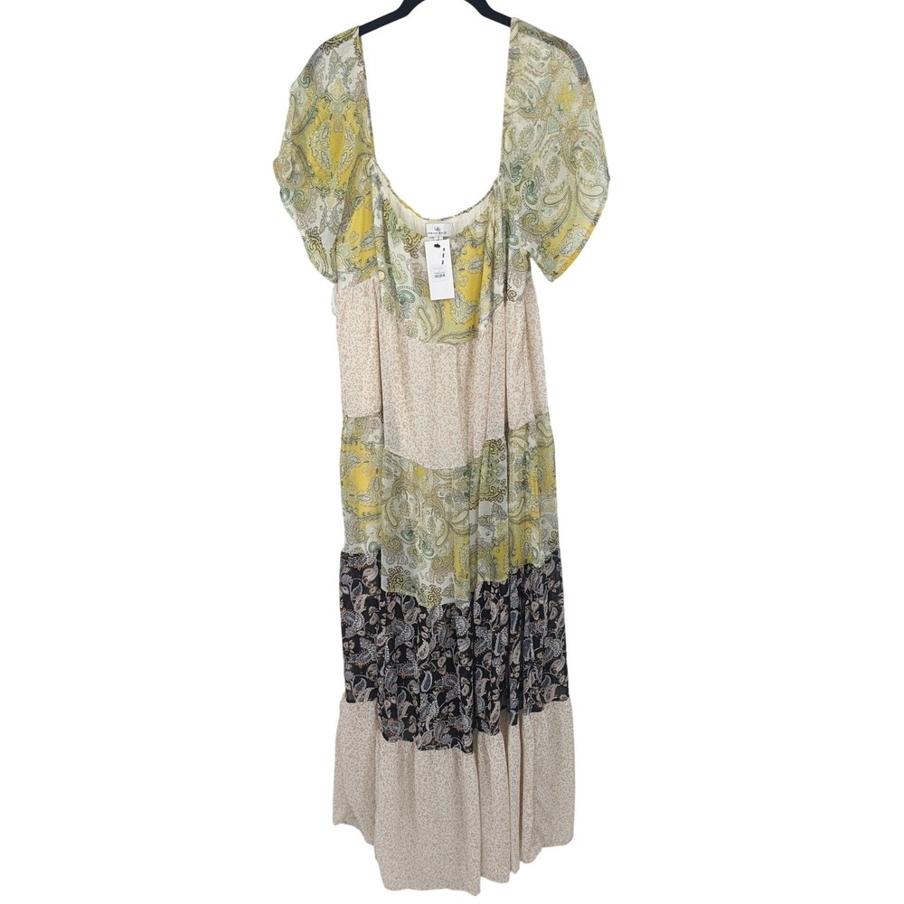 Boho Cottagecore Maxi Dress Womens Large Green Paisley Patchwork Urban Daizy NWT
